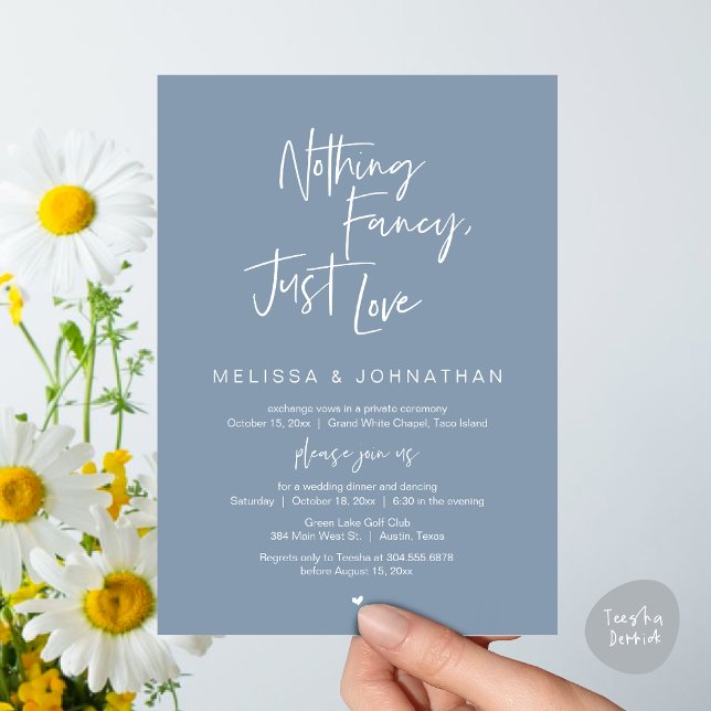 Nothing Fancy, Just Love, Wedding Elopement Dinner Invitation (Happily Ever After Party, Wedding Elopement Dinner Brunch Lunch Invitation Card, PDF, Dusty Blue)
