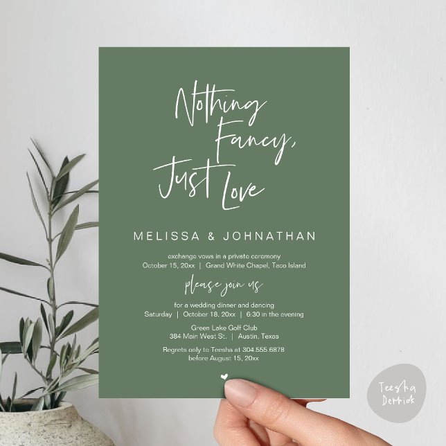 Nothing Fancy, Just Love, Wedding Elopement Dinner Invitation (Happily Ever After Party, Wedding Elopement Dinner Brunch Lunch Invitation Card, PDF, Greenery Sage)