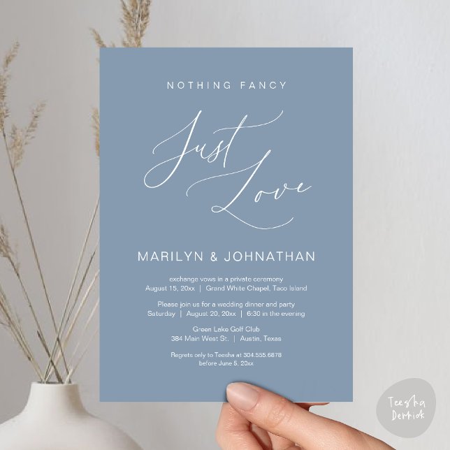 Nothing Fancy, Just Love, Wedding Elopement Dinner Invitation (Nothing Fancy, Just Love, Wedding Elopement Dinner Brunch Lunch Party Invites Card PDF, Dusty Blue)
