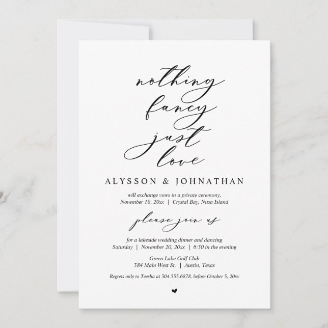 Nothing Fancy, Just Love, Wedding Elopement Dinner Invitation (Front)