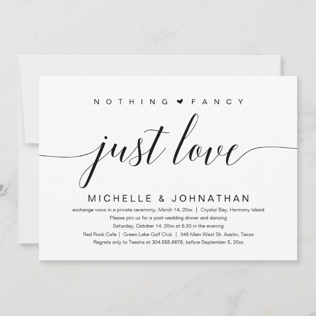 Nothing Fancy, Just Love, Wedding Elopement Invita Invitation (Front)