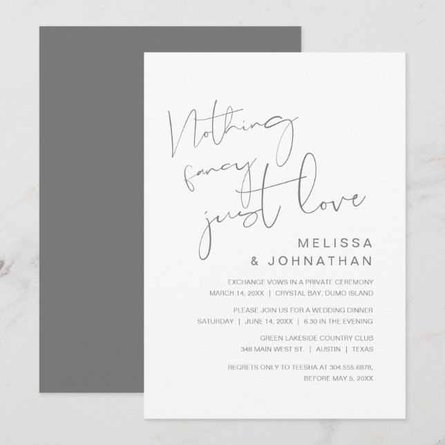 Nothing Fancy, Just Love, Wedding Elopement Invitation (Front/Back)