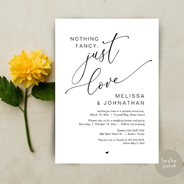 Nothing Fancy, Just Love, Wedding Elopement Invitation (Nothing Fancy, Just Love, Wedding Elopement Dinner Party Invitation Card, PDF, In Black and White)