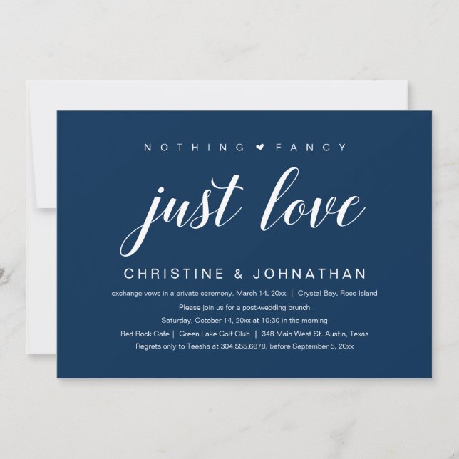 Nothing Fancy, Just Love, Wedding Elopement, Navy  Invitation (Front)