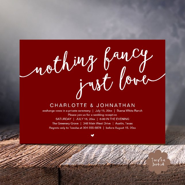 Nothing Fancy, Just Love, Wedding Elopement Party Invitation (Nothing Fancy, Just Love, Wedding Elopement Dinner Lunch Brunch Party Invites Card  PDF Wine Red)