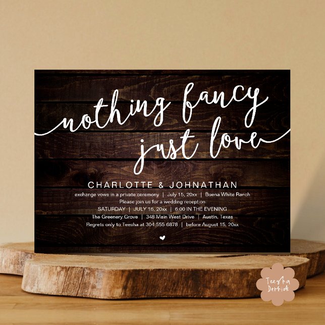 Nothing Fancy, Just Love, Wedding Elopement Party Invitation (Nothing Fancy, Just Love, Wedding Elopement Dinner Lunch Brunch Party Invites Card  PDF Dark Wood)