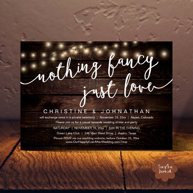 Nothing Fancy, Just Love, Wedding Elopement Party Invitation (Nothing Fancy, Just Love, Wedding Elopement Party Invites Card PDF String Lights Light Brown Wood)