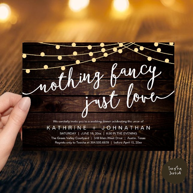 Nothing Fancy, Just Love, Wedding Reception Dinner Invitation (Nothing Fancy, Just Love, Wedding Reception Dinner Invitation Card String Lights Brown Wood)
