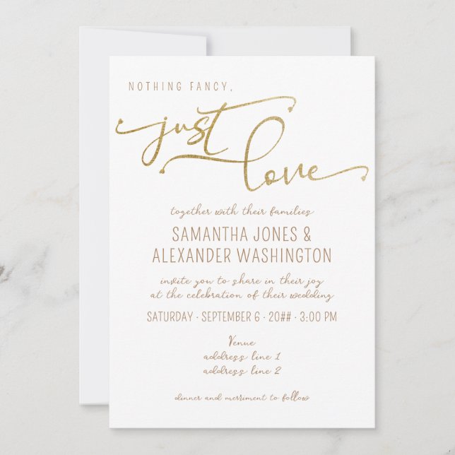 Nothing Fancy Just Love White & Gold RSVP QR Code Invitation (Front)