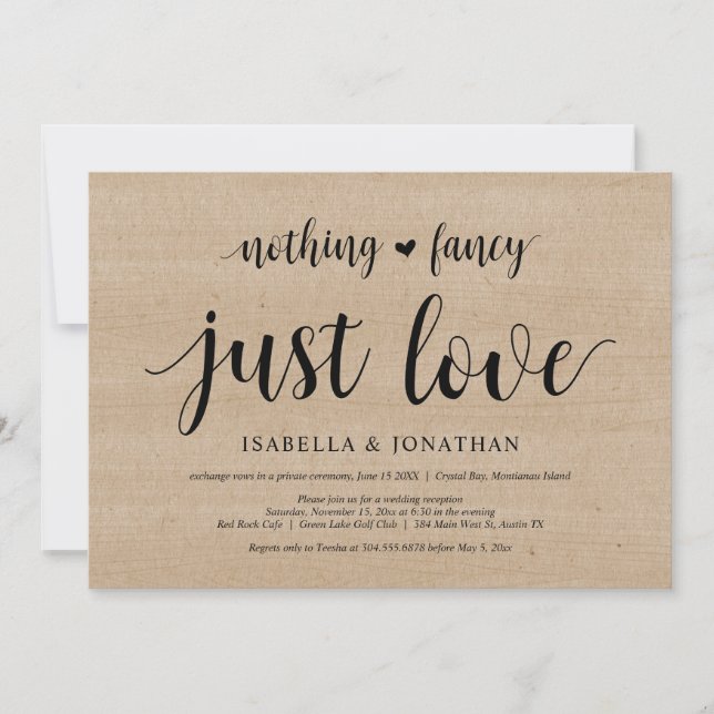 Nothing Fancy, Just Love, Wood, Wedding Elopement Invitation (Front)