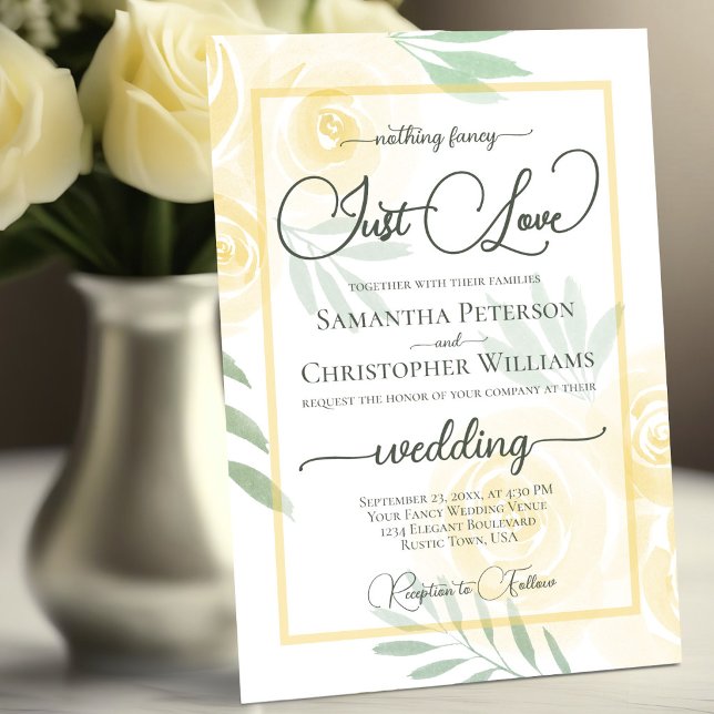 Nothing Fancy Just Love Yellow Boho Roses Wedding Invitation (Creator Uploaded)