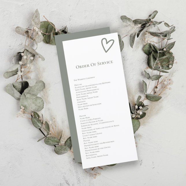 Nothing Fancy Order of Service Wedding Card (Nothing Fancy Order of Service Wedding Cards from Ricaso.  Sage green and white love heart detail)