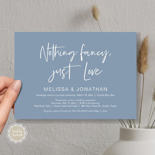 Nothing Fncy' Just Love, Wedding Elopement Party Invitation (Nothing Fancy Just Love, Wedding Elopement Dinner Party Invitation Card, PDF, Modern, Dusty Blue)
