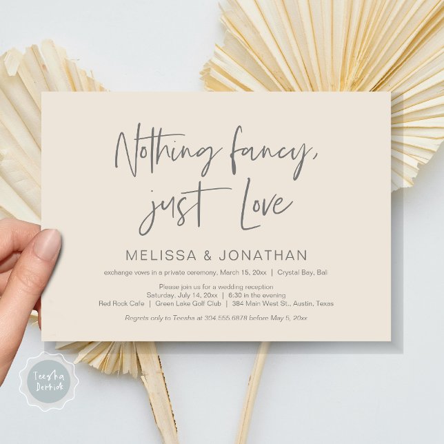 Nothing Fncy' Just Love, Wedding Elopement Party Invitation (Nothing Fancy Just Love, Wedding Elopement Dinner Party Invitation Card, PDF,, Dark Grey Cream)