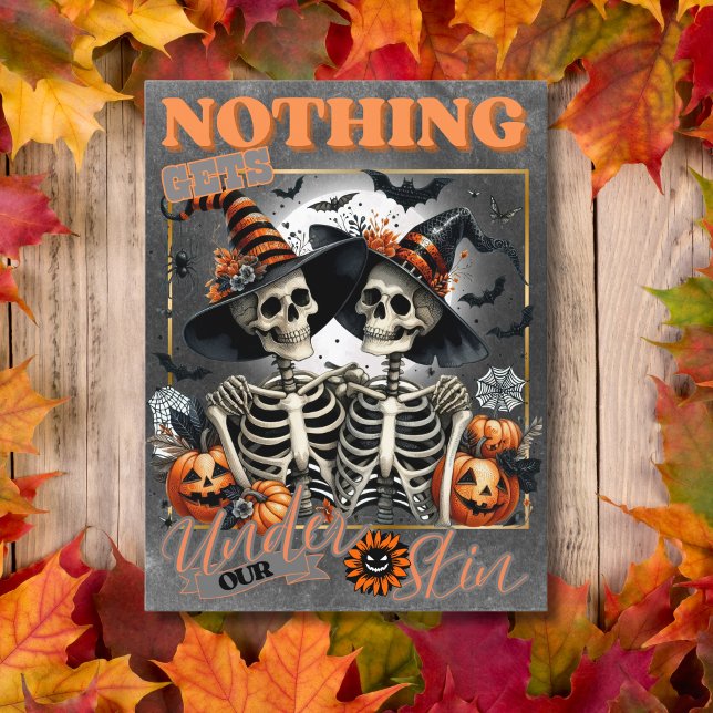 Nothing Gets Under Our Skin Skeleton Couple Holiday Postcard (Creator Uploaded)