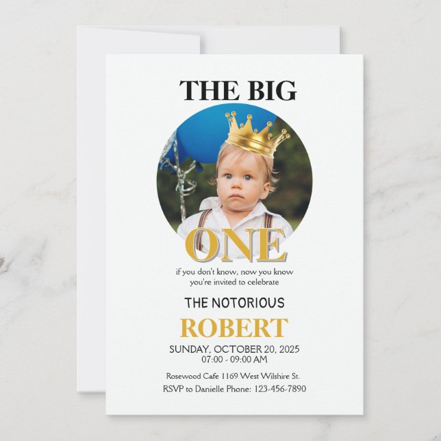 Notorious ONE Gold Crown First Birthday Photo Invi Invitation (Front)