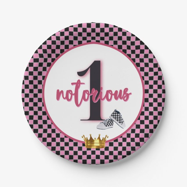 Notorious One| PINK 90's Hip Hop 1st Birthday Paper Plate (Front)