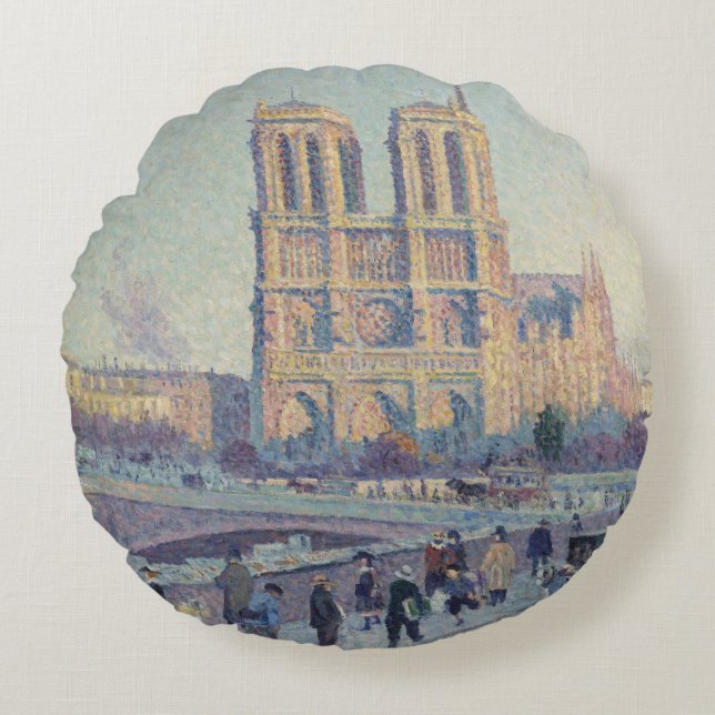 Notre Dame Cathedral Paris France Classic Painting Round Cushion (Front)
