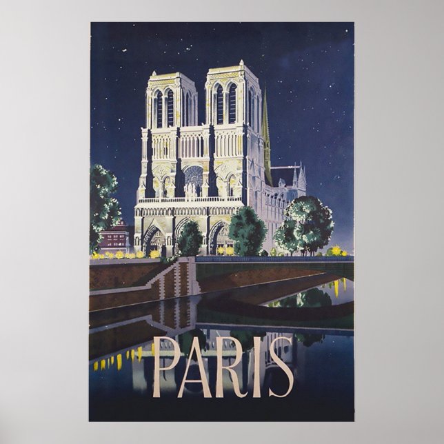 Notre Dame Cathedral Paris France Vintage Travel Poster (Front)