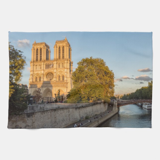 Notre Dame de Paris at Golden Hour - Paris, France Tea Towel (Horizontal)