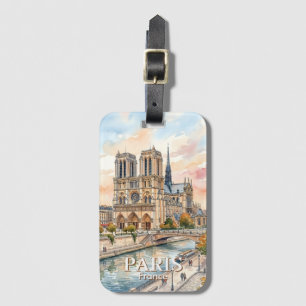 Notre Dame de Paris Cathedral Watercolor Travel Luggage Tag