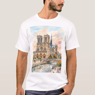 Notre Dame de Paris Cathedral Watercolor Travel T-Shirt