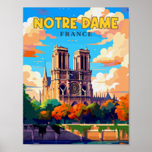 Notre Dame France vintage travel illustration Poster
