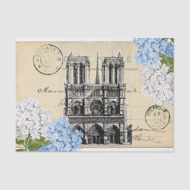 Notre Dame Paris Blue Flower Postcard Tissue Paper (Front)