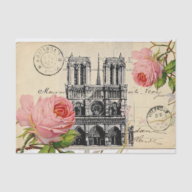 Notre Dame Paris Pink Roses  Postcard Tissue Paper (Front)