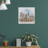 Notre Dame Paris Watercolor Cathedral Art Poster 
