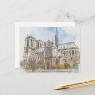 Notre Dame Watercolor Print, Paris Cathedral Art Holiday Postcard