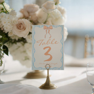 Nouveau Art Drawn Striped Bow Wedding Table Number