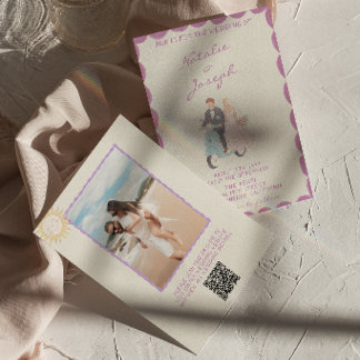 Nouveau Art Hand Drawn Photo QR Code Wedding Invitation