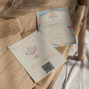 Nouveau Art Hand Drawn Striped QR Code Wedding Invitation