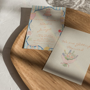 Nouveau Art Hand Drawn Striped Whimsical  Wedding Invitation