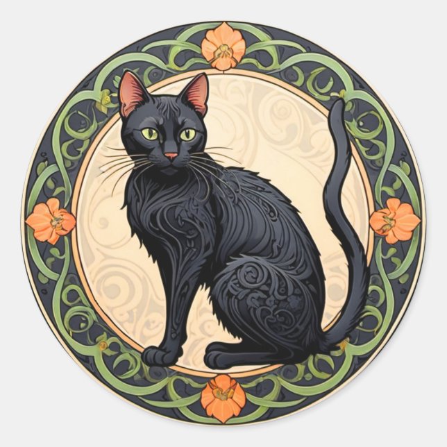 Nouveau Black Cat Classic Round Sticker (Front)