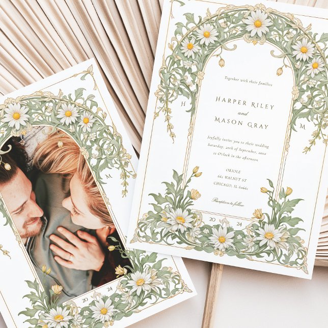 Nouveau Daisies Photo Wedding Ivory Green Invitation (Creator Uploaded)