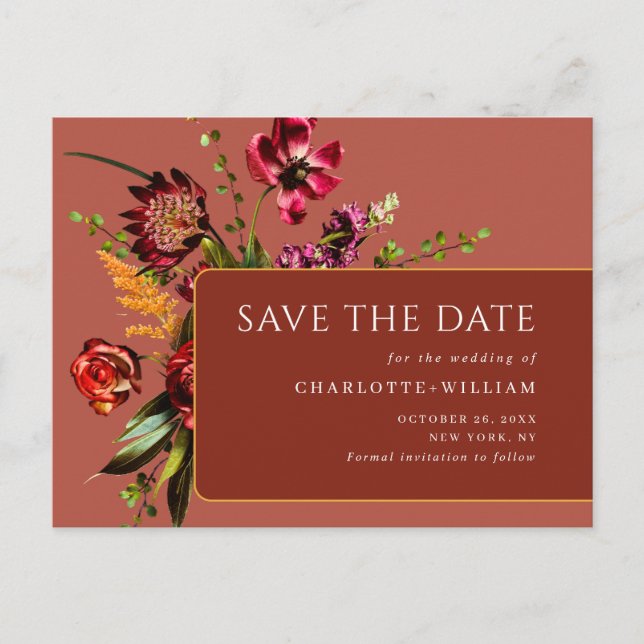 Nouveau Flowers Wedding Save the Date QR Code Postcard (Front)
