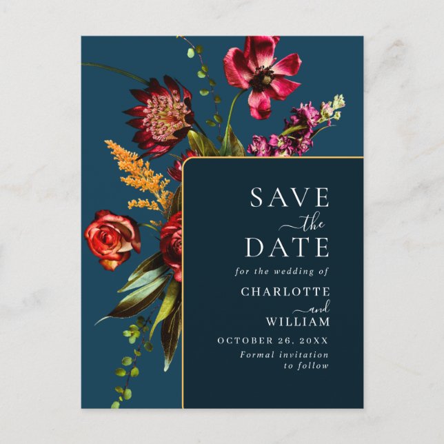 Nouveau Flowers Wedding Save the Date QR Code Postcard (Front)