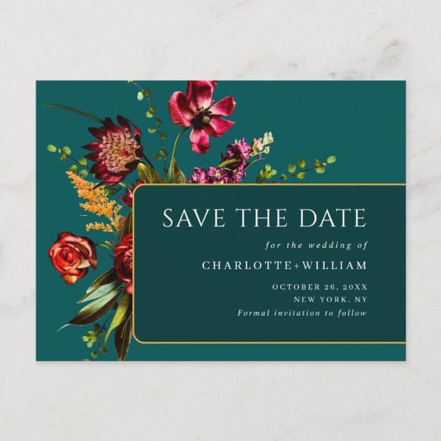 Nouveau Flowers Wedding Save the Date QR Code Postcard (Front)
