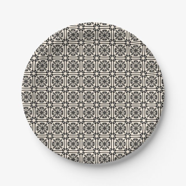 Nouveau Spanish Tile Pattern Black and Cream Paper Plate (Front)