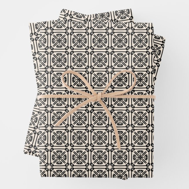 Nouveau Spanish Tile Pattern Black and Cream Wrapping Paper Sheet (In situ)