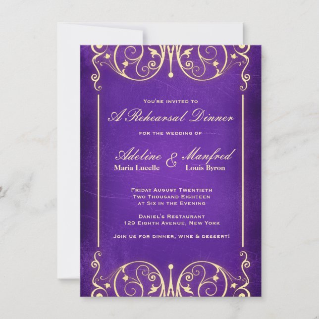 Nouveau Victorian Gold Aubergine Rehearsal Dinner Invitation (Front)