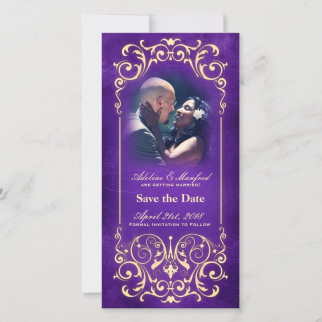 Nouveau Victorian: Gold & Aubergine Save the Date (Front)