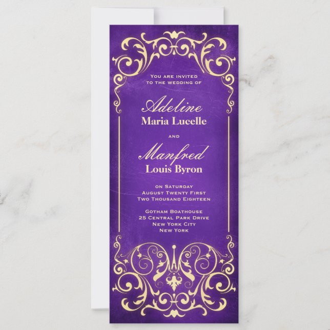 Nouveau Victorian: Pale Gold & Aubergine Wedding Invitation (Front)
