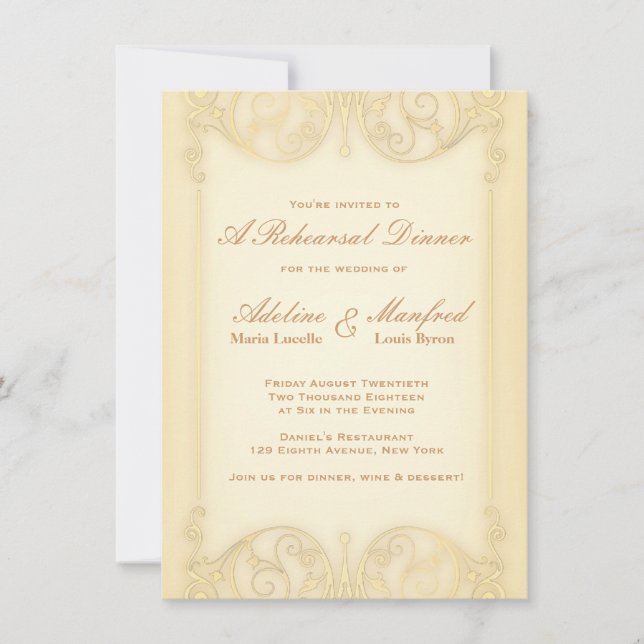 Nouveau Victorian Pale Gold Fancy Rehearsal Dinner Invitation (Front)
