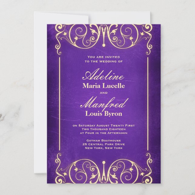 Nouveau Victorian | Vintage Purple & Gold Wedding Invitation (Front)