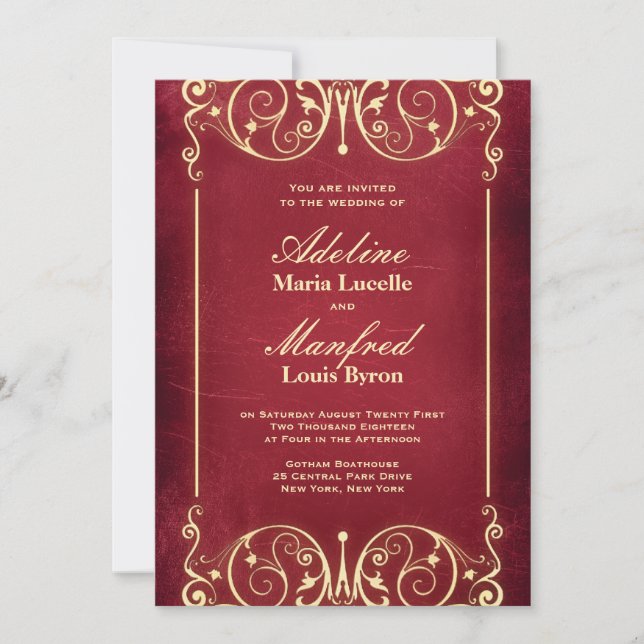 Nouveau Victorian: Vintage Red & Gold Wedding Invitation (Front)