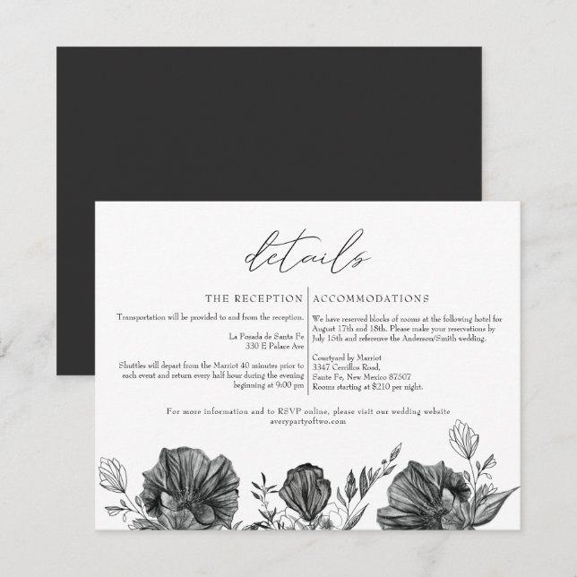 NOVA Elegant Gothic Black Floral Wedding Details Invitation (Front/Back)