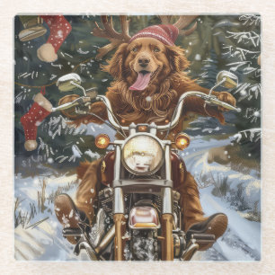 Nova Scotia Dog Riding Motorcycle Christmas Glass Coaster